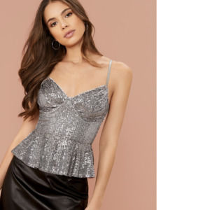 SHEIN Zipper Back Ruffle Hem Sequin Bustier Cami Top